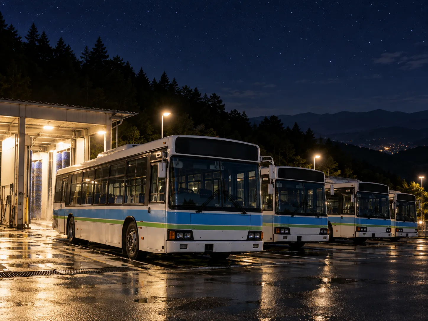 星空の下、雨上がりの車庫に並んだ路線バス